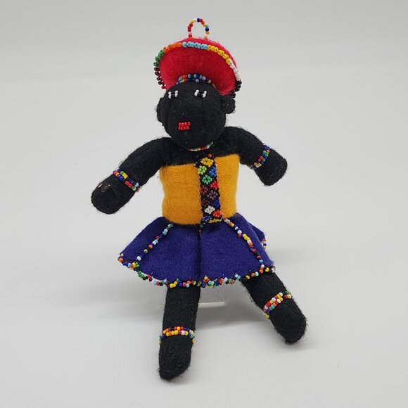 Hand Crafted African Felt Doll With Baby on Back Beaded 7.5" - Picture 1 of 9